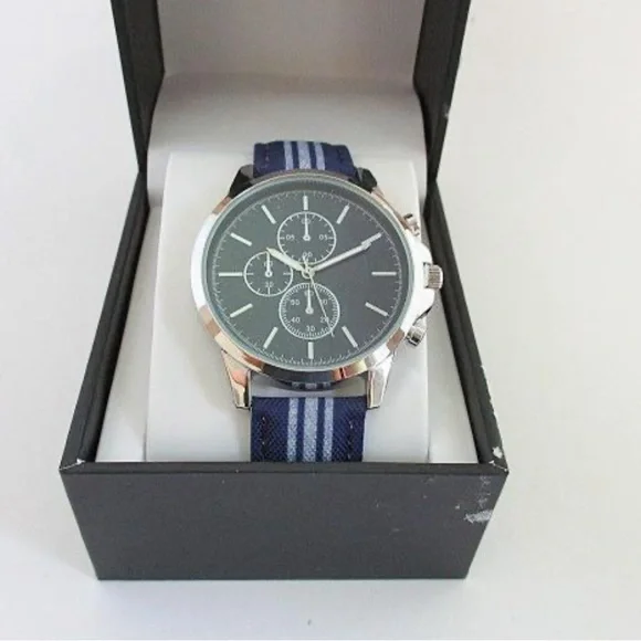 INC Men’s Navy Blue & White Striped Denim Strap Watch 42mm - Picture 2 of 9